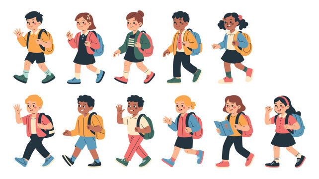 Diverse collection of happy school children of different ages and backgrounds walking with their school backpacks.