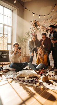 Cheerful Young Friends Taking Instant Photos in Cozy Decorated Party Room