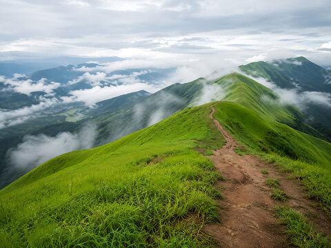 Rolling hills covered in lush green grass, foggy mountain valley, cool morning air, peaceful hiking trail, natural travel photography, realistic colors, 8k