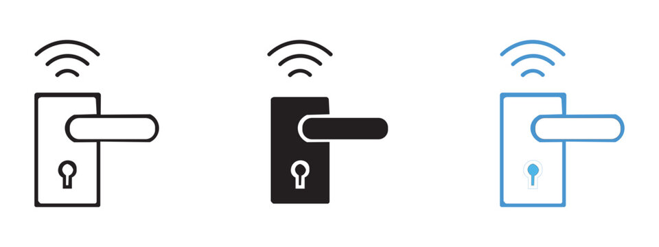 Smart door lock icons with wireless signal symbols set security wireless