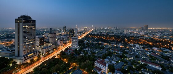 Obraz premium A panoramic view of a vibrant city skyline bathed in the glow of illuminated buildings and streets at dusk, showcasing the lively pulse of urban life and culture.