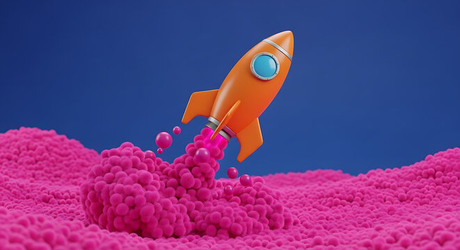 Orange rocket toy launching from pink soft texture surface on blue background with exploration blastoff creative imagination childhood discovery propulsion ignition