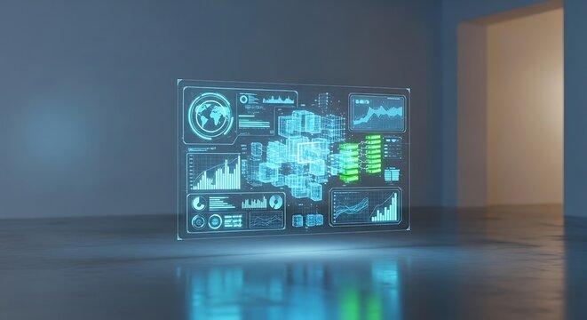 Futuristic digital display in dark room.