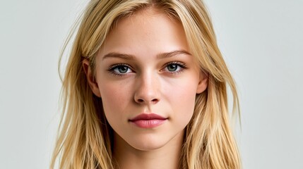 Naklejka premium A high-fashion editorial close-up of a blonde woman with a serene expression and delicate features on a neutral background.