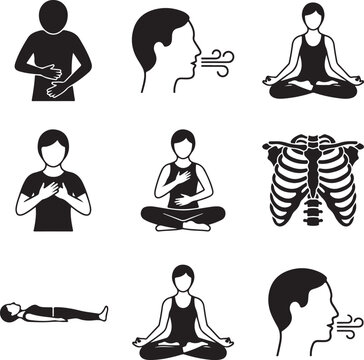 Black and white yoga breathing exercises illustration