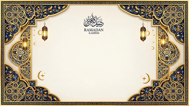 Ramadan Kareem Islamic Border with Lanterns and Crescent Moons
