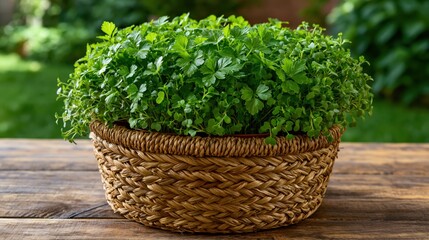 Naklejka premium A rustic woven basket overflowing with fresh, vibrant green herbs and microgreens on a wooden garden table in natural light.