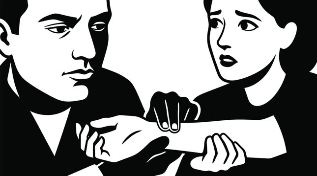 Black and white illustration of couple, man and woman, handcuffed together, dramatic scene