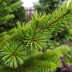 Fototapeta premium Fresh Green Pine Needles with Raindrops on Evergreen Branch in Garden