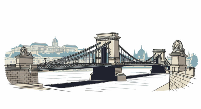 Iconic suspension bridge with stone lion statues and city skyline in background