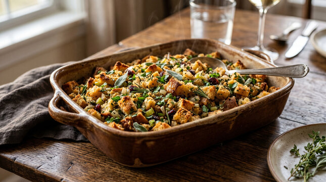 Stuffing with herbs and breadcrumbs in a ceramic dish on a wooden table  