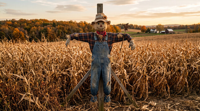 Scarecrow standing in cornfield at sunset during autumn season  