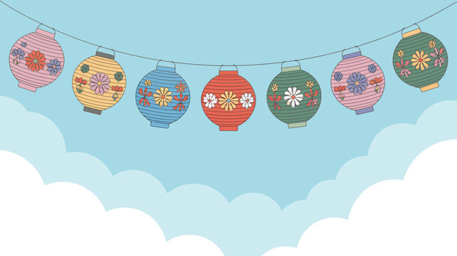 paper lanterns hanging on string against light blue sky clouds festival celebration colorful decorative ornamental patterned flowers illustration vector scenic background