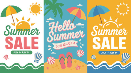 summer sale banners vector illustration beach umbrella sun flip flops seashells waves sand palm tree vacation holiday travel promotion discount seasonal marketing advertising © Digishopppp