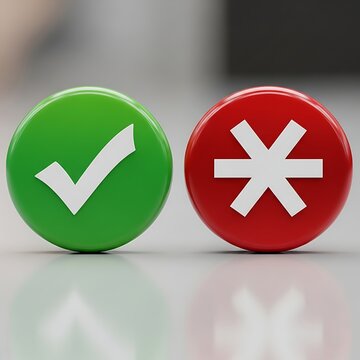 Glossy Green Check Mark and Red Asterisk Buttons Standing on Reflective Surface