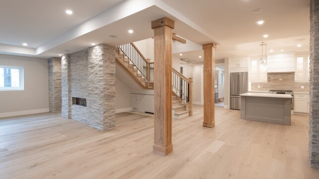 Modern open concept home interior with wood columns and stone fireplace wall