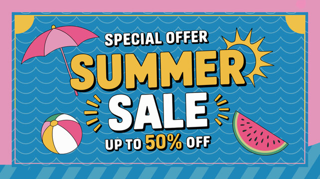 summer sale poster with colorful beach items umbrella ball watermelon sun offer discount vector illustration blue pink yellow promotion marketing seasonal
