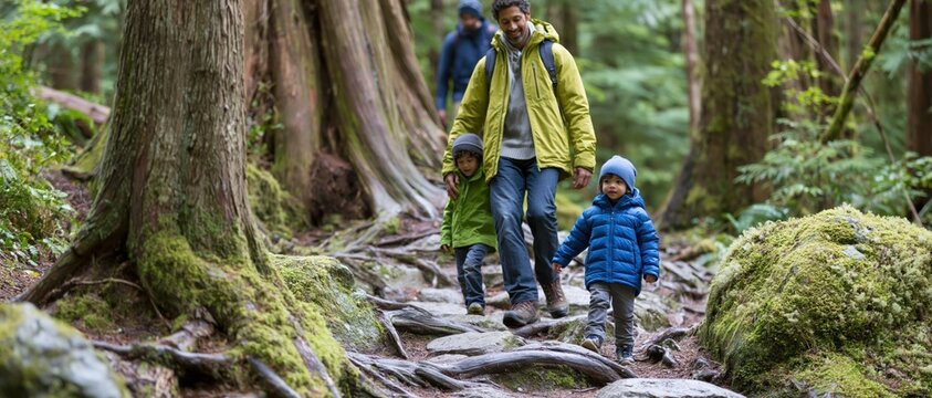 A father and his two young sons explore a beautiful forest trail, surrounded by tall trees and vibrant greenery, creating a perfect opportunity for family bonding in nature.