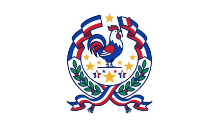 Heraldic emblem featuring a patriotic rooster surrounded by laurel leaves and French flags. ©  Urwah Bariqi