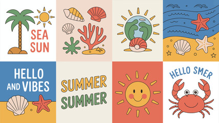 summer greetings vector illustration palm tree sun shell coral starfish crab earth beach vacation holiday travel tropical colorful fun happy seasonal © Digishopppp