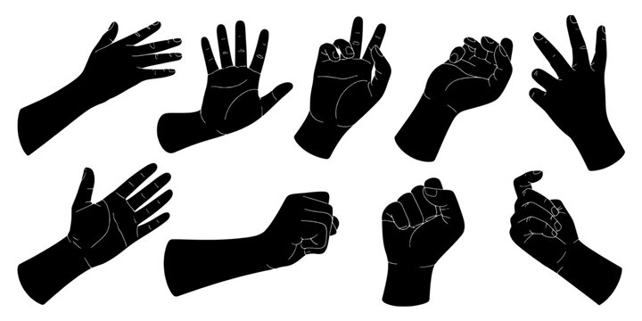 Gloves Hands Set of Black Tactical Armored Fists and Open Palms for Action Pose Vector Icon Pack Featuring Hand, Fist, Combat with Boxing and Martial
