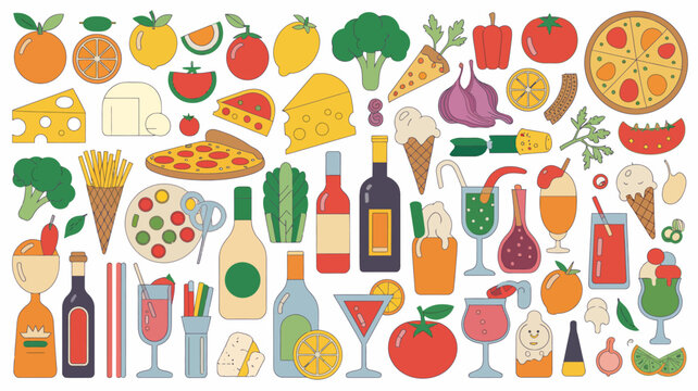 food and drink illustration colorful pizza tomato orange wine cocktail cheese broccoli apple lemon vegetable fruit alcohol dessert pattern vector graphic
