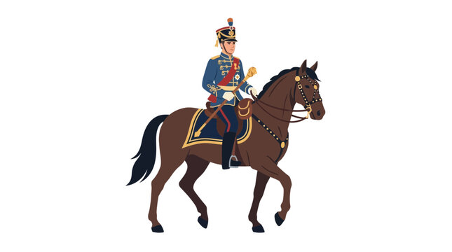 Historical Russian imperial cavalry officer riding a brown horse in dress uniform.