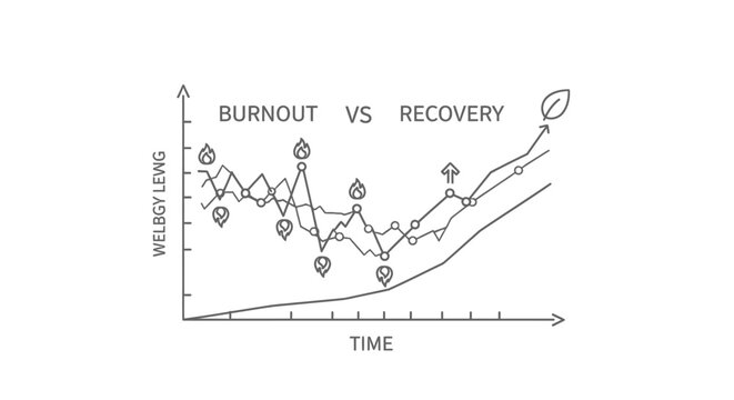 Burnout versus recovery graph showing wellbeing levels over time.