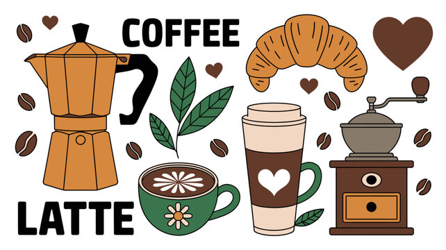 coffee latte illustration with croissant mocha beans cup espresso grinder milk morning breakfast cafe drink food pattern vector art design graphic