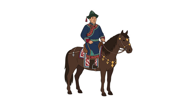 Illustration of a Mongolian horseman in traditional ethnic clothing.