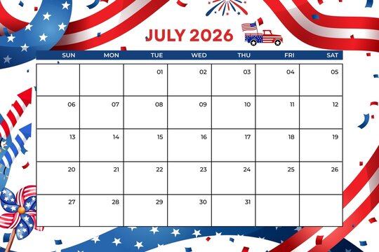 July 2026 monthly calendar with usa independence day theme and patriotic decorations calendar independence patriotic fireworks pinwheel celebration template illustration
