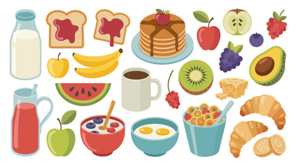 breakfast food items vector illustration milk bread jam pancakes apple banana kiwi avocado croissant cereal juice coffee egg berry fruit healthy © Digishopppp