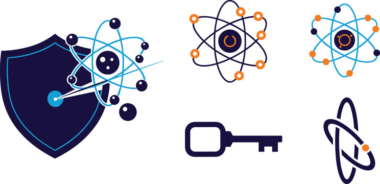 Quantum Security and Cyber Data Protection Icon Set with Security Shield, Atom Nuclear Physics Symbols, Orbit Electron Rings, and Encryption Access Key