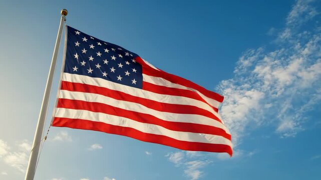 American flag waving in the wind on a pole against a blue sky