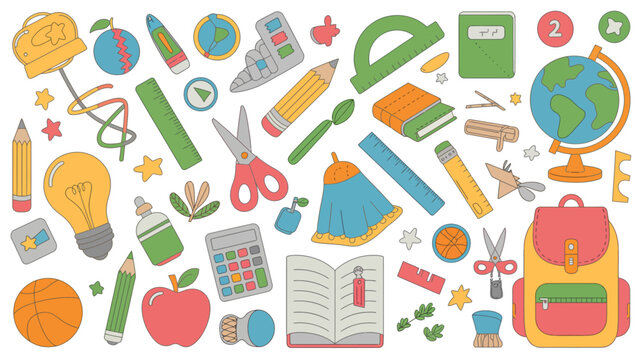 school supplies colorful vector illustration pencil ruler scissors calculator apple backpack globe notebook stationery education learning classroom childhood knowledge academic tools