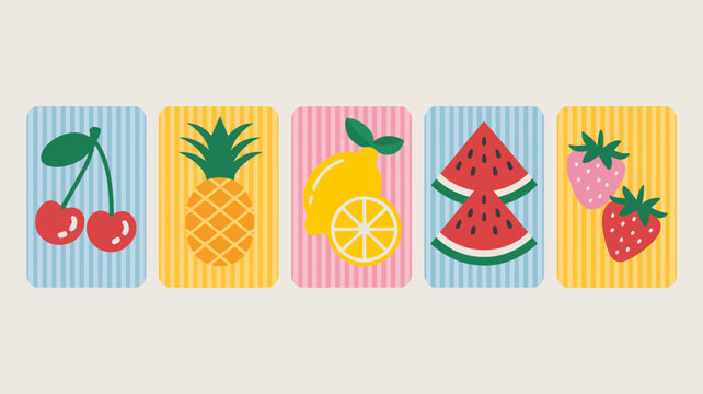 five colorful fruit illustrations on striped backgrounds illustration background cherries pineapple lemon watermelon strawberries vector graphic design food summer fresh card