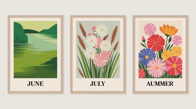 three framed art prints with summer scenes june july august flowers landscape vector illustration seasonal nature botanical decorative artwork home decor