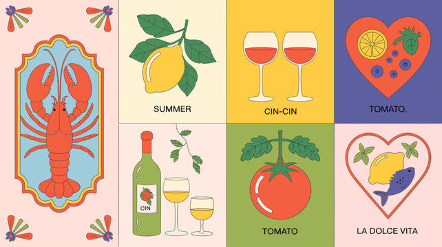 illustrated cards with colorful food and drink designs illustrations lobster lemon wine glasses tomato fish vector flat design summer cin dolce