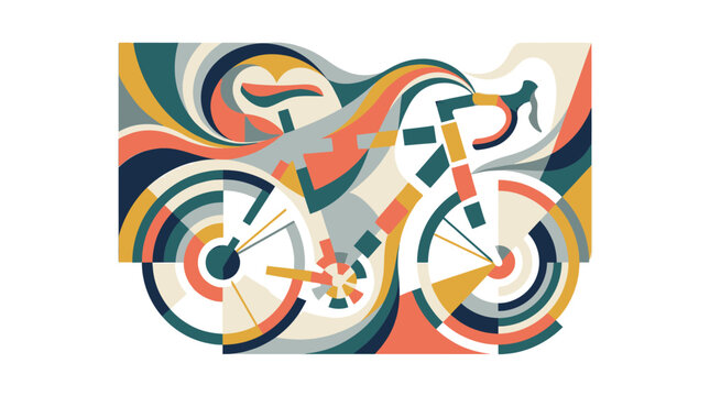 Abstract Colorful Cyclist Riding Bicycle Illustration with Geometric Patterns and Dynamic Lines