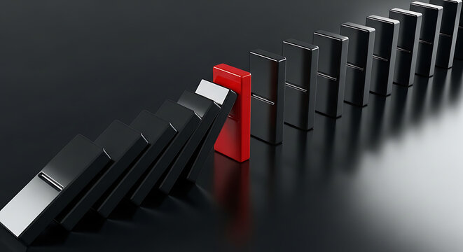 Single red domino stopping black dominoes from falling with business leadership strategy management interruption stopping decision reaction solution difference influence standing