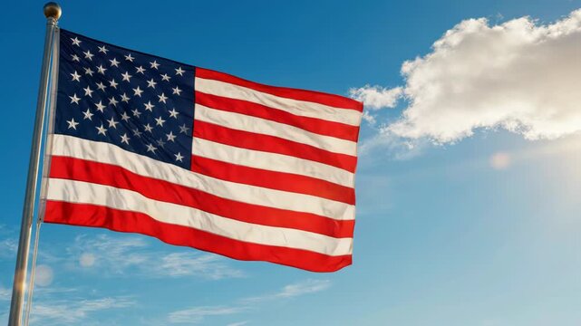 American flag waving on a pole against a blue sky with clouds