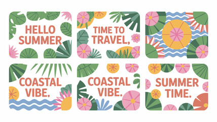 summer themed vector illustrations travel coastal vibe time tropical leaves flowers beach vacation holiday seasonal pattern design graphic art background white © Digishopppp