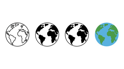 four globes in flat icon style earth planet world map geography vector illustration black white blue green continents oceans simple design © Digishopppp