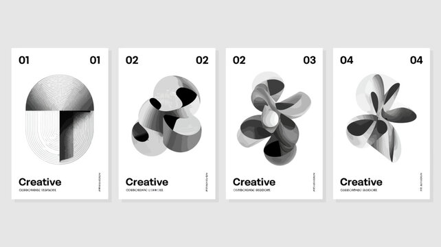 four abstract poster designs on white background geometric shapes sphere circle pattern black contrast artistic modern graphic composition visual conceptual minimalist