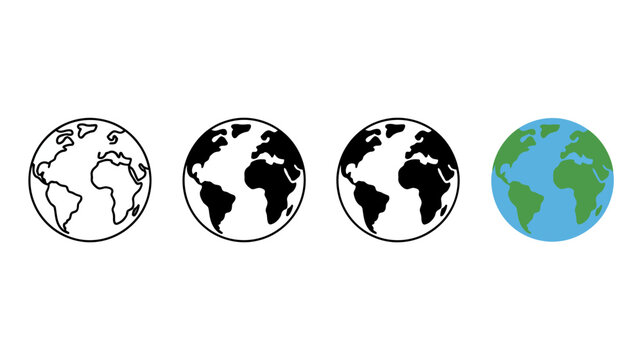 four globes in flat icon style earth planet world map geography vector illustration black white blue green continents oceans simple design