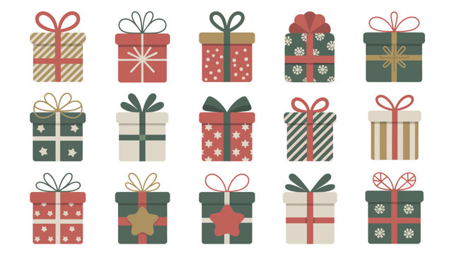 gift boxes flat icon box present holiday christmas new year design pattern bow ribbon stripes stars snowflakes red green white celebration