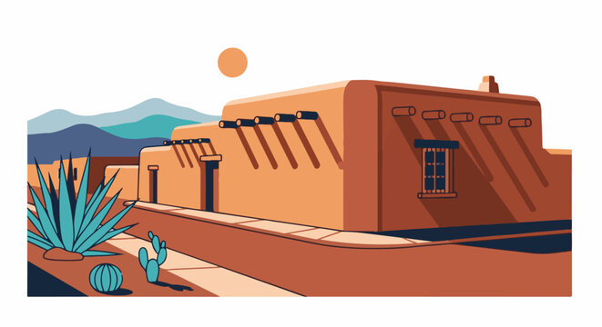 Southwestern adobe buildings under a bright sun with desert plants and distant mountains