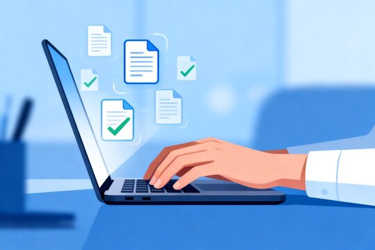 Hand typing on laptop with document icons