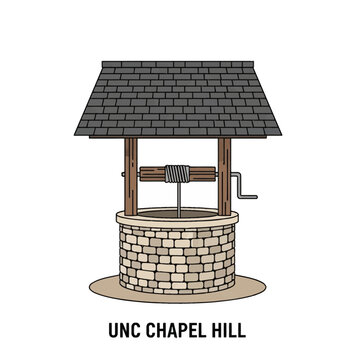 Flat vector illustration of a traditional stone wishing well with wooden frame, hand crank, and shingle roof, featuring the text UNC Chapel Hill at the bottom on a white background.