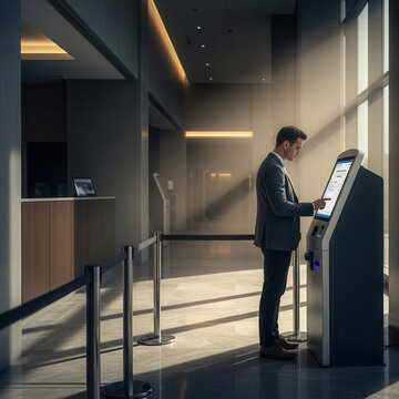 A Person Interacting With a Modern Kiosk in a Sleek, Contemporary Interior Setting